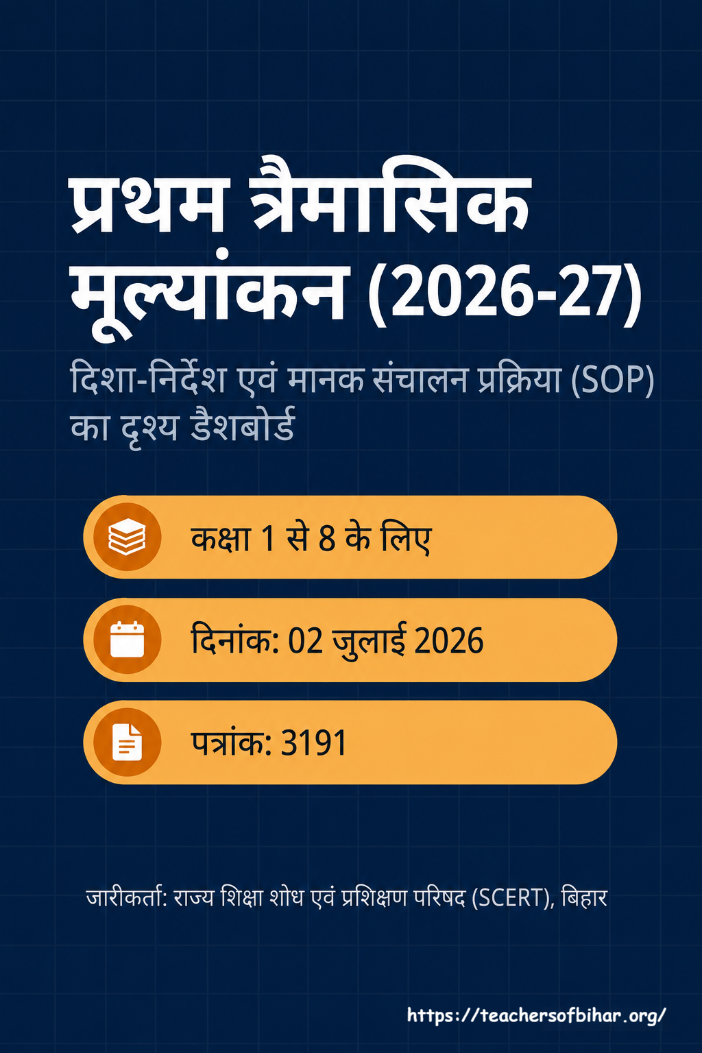 बिहार प्रथम त्रैमासिक मूल्यांकन 2026-27 SOP | परीक्षा कार्यक्रम, दिशा-निर्देश एवं मूल्यांकन प्रक्रिया