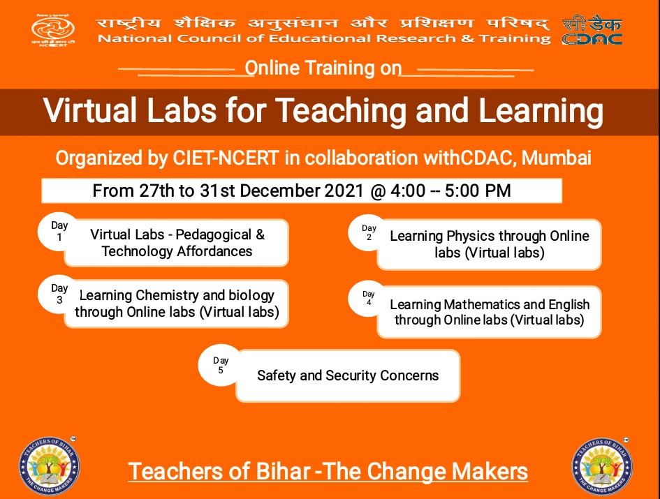 सीखने सिखाने की प्रक्रिया में वर्चुअल लैब्स के उपयोग और महत्व पर CIET-NCERT, CDAC मुंबई के सहयोग से आयोजित कर रह है ऑनलाइन प्रशिक्षण  