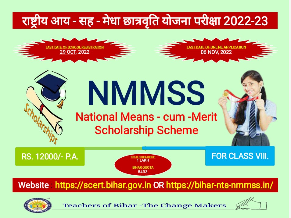 राष्ट्रीय आय-सह-मेधा छात्रवृति योजना परीक्षा (NMMSS) शैक्षिक सत्र 2022-23 योजना वर्ष 2023-24, 12 अक्टूबर 2022 से प्रारंभ होगा ऑनलाइन आवेदन 